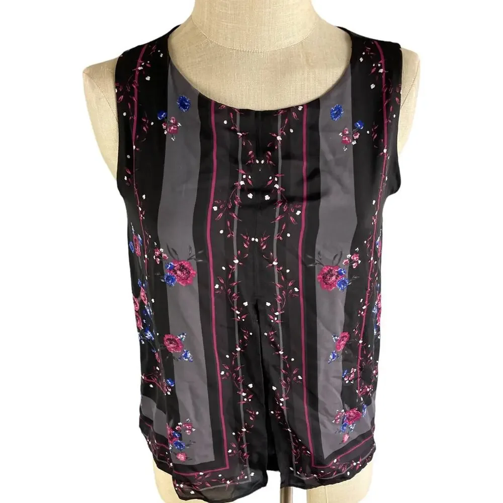 ELLE Womens XS Sleeveless Floral Top Black Polyester Rayon - Picture 2 of 10